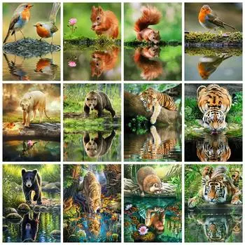 Diy Алмазная картина Мозаика Животные Отражение Домашний декор Вышивка крестом Тигр Белка Настенное искусство Full Round 20x30CM