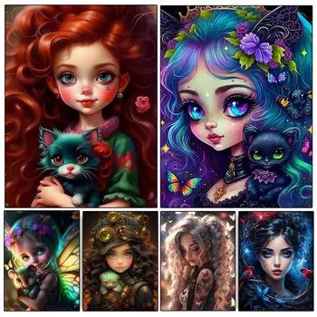 Diy Алмазная картина Мультфильм Портрет девушки Полная Алмазная мозаика Цветок 5d Вышивка Животное Кошка Новая серия Детский подарочный набор Full Round 20x30CM