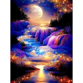 DIY Алмазная картина Пейзаж Водопад Полная Алмазная мозаика Луна Настенное украшение Ручная работа Подарочный набор для творчества Full Round 20x30CM