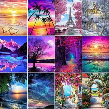 DIY Алмазная картина Пейзаж Закат Море Полная дрель Вышивка Дерево Пейзаж Мозаика Художественная картина Стразы Украшение дома Full Round 20x30CM