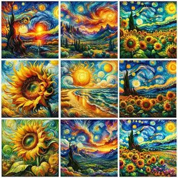 DIY Алмазная картина Подсолнух Ван Гог Набор для вышивки крестом Мозаичное искусство Алмазная картина Полный круг/квадрат Алмазное украшение для дома Round 20x20cm