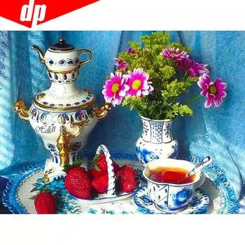 DIY Алмазная картина Полный круглый цветок и чай Алмазная вышивка МозаикаПолный дисплей Изображение 20X30CM