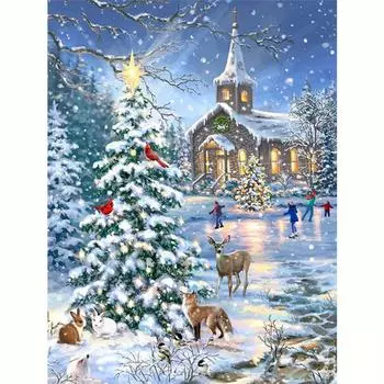DIY Алмазная картина Полный Круглый Рождественский Подарок Дерево Дом Вышивка Мозаика Настенные Картины 30x40 см/12x16 дюймов 30x40cm NO Frame