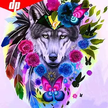 DIY Алмазная картина Полный Круглый Волк И Цветок Алмазная Вышивка Крестом 30x30CM