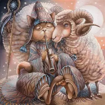 DIY Алмазная картина Полный Ронд Алмазная вышивка Овцы и кошки Алмазная мозаика Вышивка крестом Домашний декор 30x30CM