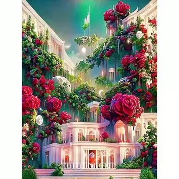 Diy Алмазная картина Rose House 5D DIY Полная мозаика Пейзаж Цветочная вышивка Домашнее украшение Подарок 30x40 см/12x16 дюймов 30x40cm NO Frame