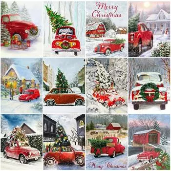 DIY Алмазная картина Рождественская полная квадратная Алмазная вышивка Зимний пейзаж Автомобильная мозаика Стразы Хобби Искусство Full Round 20x25CM