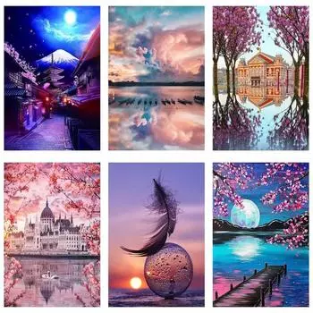 DIY Алмазная картина Розовый пейзаж Вышивка крестом Набор Мозаика Искусство Алмазная картина Полный круг/квадрат Алмазное украшение для дома Round 20x30cm