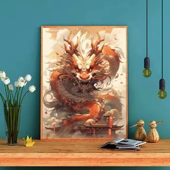 DIY Алмазная картина Властный дракон на крыше Набор для вышивки крестом Мозаика Искусство Алмазная картина Полный круг/Квадратный алмаз Украшение дома Round 20x30cm