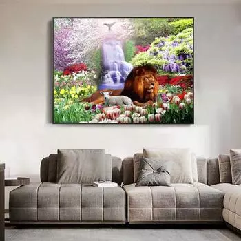 Diy Алмазная картина Водопад Лев Полный Алмазная вышивка Картина Вышивка крестом Свадебные украшения 20X30CM
