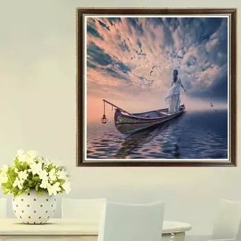 DIY Алмазная картина Вышивка крестиком Девушка на лодке Алмазная вышивка Украшение Картины 30x30CM
