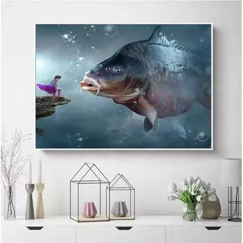 Diy Алмазная картина Вышивка крестом Фэнтези Рыба и девушка Полный круглый вышивка Рукоделие Горный хрусталь 20X30CM
