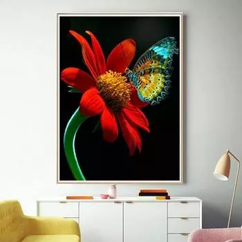 DIY Алмазная картина Вышивка крестом Красный цветок Круглая вышивка Алмазная мозаика Главная и гостиная Свадьба 20X30CM