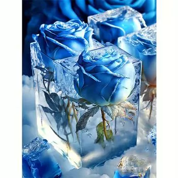 DIY Алмазная картина, вышивка крестом, синяя ледяная роза, полный круглый алмаз, художественная вышивка, рукоделие, домашний декор 30x40 см/12x16 дюймов 30x40cm NO Frame