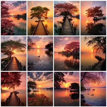 DIY Алмазная картина Закат Пейзаж Стразы Картина Озеро Мозаика Дерево Рукоделие Вышивка Мост Подарок ручной работы Full Round 20x30CM