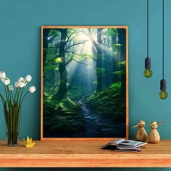 DIY Алмазная картина Зеленый свет в лесу Набор для вышивки крестом Мозаика Искусство Алмазная картина Полный круг/Квадратный алмаз Украшение дома Round 20x30cm