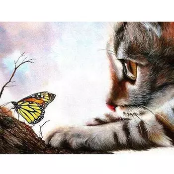 DIY Алмазная картина Животные Алмазная вышивка Кошка Украшение дома Бабочка Полная круглая дрель из смолы 20X30CM