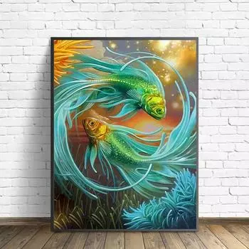 DIY Алмазная картина Золотая рыбка Набор для вышивки крестом Мозаика Искусство Алмазная картина Полный круг/Квадратный алмаз Украшение дома Round 20x30cm