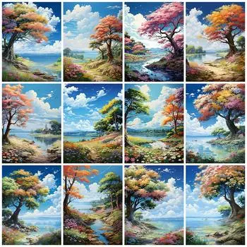DIY Алмазная мозаика Озеро Пейзаж Стразы Картина Алмазная живопись Дерево Вышивка Лес Подарок ручной работы Full Round 20x30CM