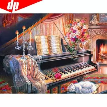 DIY Алмазная мозаика Полный круглый дрель Фортепиано Алмазная картина Вышивка Продажа Горный хрусталь Изображение 20X30