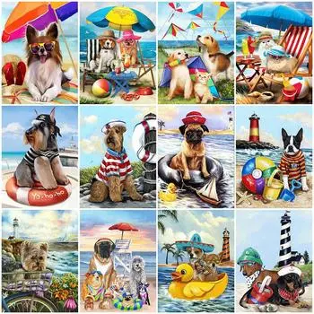 DIY Алмазная мозаика Собака Картина Стразы Алмазная картина Кошка Животное Вышивка крестом Море Вышивка Декор для дома Full Round 20x30CM