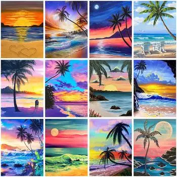 DIY Алмазная вышивка 5D пейзаж пляж вышивка крестиком закат побережье круглая алмазная живопись мозаика со стразами подарок на Новый год 30X40cm