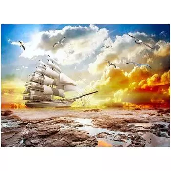 Diy Алмазная вышивка Природные пейзажи Парусник Чайка Полный круглый Мозаика Вышивка крестиком Стразы 20X30CM