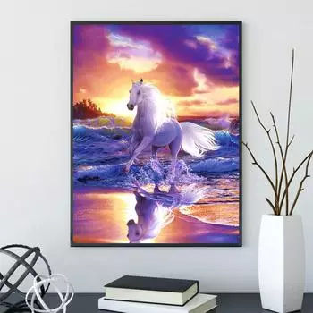 DIY алмазная живопись Лошадь, бегущая по морю, набор для вышивки крестом, мозаика, алмазная живопись, полный круг/квадратный алмаз, украшение для дома Round 20x30cm