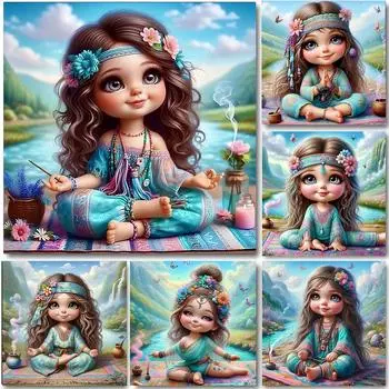 DIY алмазная живопись Новый 2024 комплект для вышивки крестом мультфильм йога девушка картина мозаика Алмазная вышивка украшение дома J3944 square 30x30cm белый