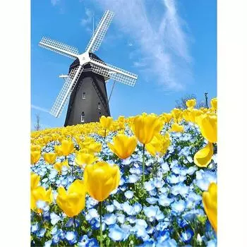 DIY алмазная живопись желтый цветок ветряная мельница полная круглая алмазная вышивка пейзаж вышивка крестиком украшение для дома 30x40 см/12x16 дюймов 30x40cm NO Frame
