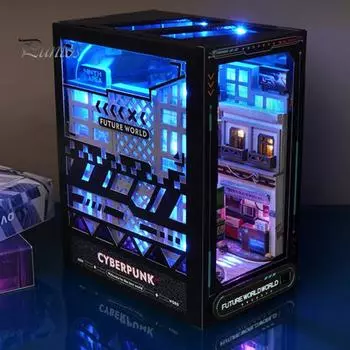 DIY Book Nook Kit с подсветкой Cyberpunk 3D Street View Модель Миниатюрный Дом Книжная Полка Вставка Украшения Будущий Мир Головоломка Строительство Кукольный Домик Дети синий