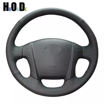 DIY Черная кожа Чехол на рулевое колесо Сшитые вручную автомобильные чехлы на рулевое колесо для Kia Sportage 2 2005 - Light Blue Thread