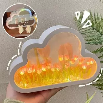 DIY Cloud Tulip LED Night Light Creative Sea of Flowers Night Lamp Mirror Table Lamps Atmosphere Light Gift Birthday Home Decor