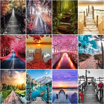 Diy Craft Алмазная картина Деревянный мост Пейзаж Алмазная вышивка для взрослых Фотографии Стразы Мозаика Главная Full Round 20x30CM