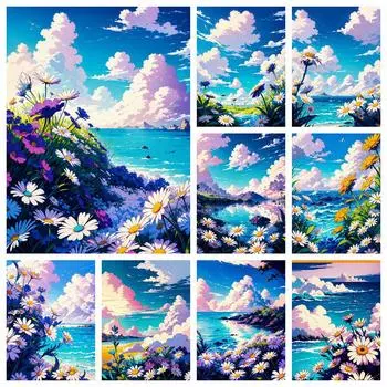 DIY Diamond Embroidery Daisy Flower Full Square Round Mosaic Seaside Landscape Painting Kits Handmade Hobby Full Round 20x30CM