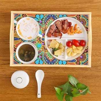 DIY Diamond Painted Wooden Dining Plate Decor Tray with Handle Diamond Mosaic Food Tray Tableware Manager Tray Home Decor Gift as show