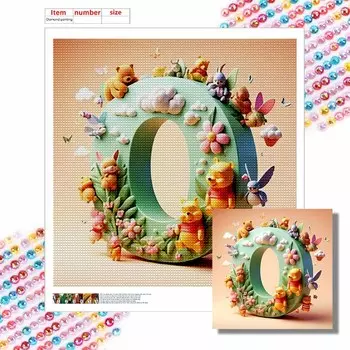 DIY Diamond Painting Round Diamond Winnie and The Letter O Full Diamond Mosaic Home Decoration Painting Cross Stitch Kit Round 20x20cm