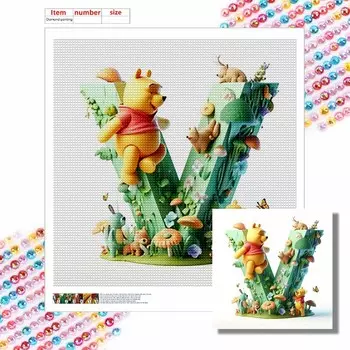 DIY Diamond Painting Round Diamond Winnie and The Letter V Full Diamond Mosaic Home Decoration Painting Cross Stitch Kit Round 20x20cm