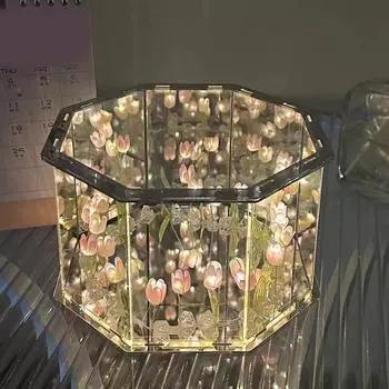 DIY Flower Sea 3D 20 Flower Tulip LED Night Light Mirror Table Lamps Спальня Украшения Украшения Зеркало Настольные Лампы Подарок розовый