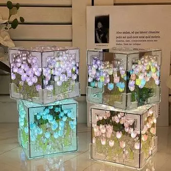 DIY Flower Sea 3D Cloud Tulip LED Night Light Mirror Lamps Спальня Украшения Декоративные лампы Аксессуары для салона автомобиля Подарки