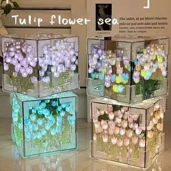 DIY Flower Sea 3D Cloud Tulip LED Night Light Mirror Table Lamps Спальня Украшения Украшения Зеркало Настольные Лампы Прикроватные Подарки