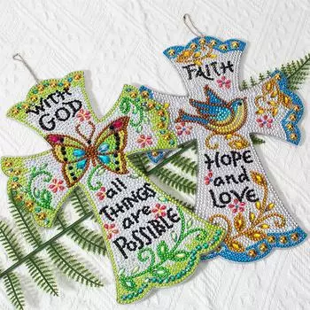 DIY Gem Pendant Paint by Number Single-sided Crystal Diamond Pendant Hanging Ornament Arts Craft Resin Cross for Home Garden