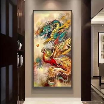 DIY Китайский Дракон и Феникс 5D комплект алмазной живописи мифическое животное вышивка крестиком полная круглая алмазная мозаика домашний декор подарок 100-50CM белый