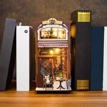 DIY книжный уголок со светодиодной подсветкой, миниатюрная книжная полка для кофейни, украшение, ручная работа, 3D модель кукольного домика, подарок для детей, подростков и взрослых коричневый