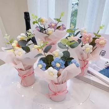 Diy Маленькая Свежая Сладкая Упаковка Слоеные Цветы Букет Вязаный Плюшевый Подарок Ручной Работы Многоцветный