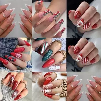 DIY маникюр длинный гроб полное покрытие французская балерина накладные ногти снежинка Рождество Санта-Клаус