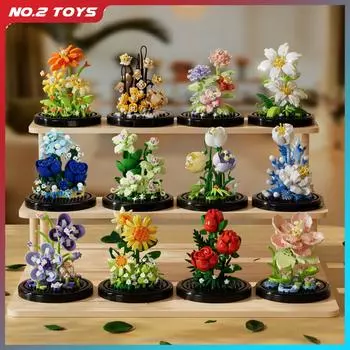 DIY Micro Building Block Eternal Flower with Dust Cover Creative Diamond Mini Rose Sunflower Bricks Home Decoration Block Toys