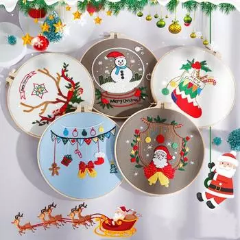 DIY Plants Christmas Pattern Embroidery Kit Needlework Tools Beginner Round Sewing Craft Set with Hoop Room Decor Christmas Gift