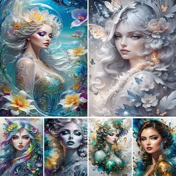 DIY Полная Алмазная Картина Новая Вышивка Крестом 2024 Красивая Девушка И Цветок Алмазная Мозаика Вышивка Для Домашнего Декора J3991 square 30x30cm белый