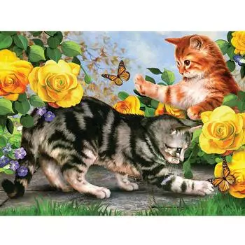 DIY полная круглая дрель алмазная живопись котенок играть цветы мозаика вышивка крестиком 20X30CM